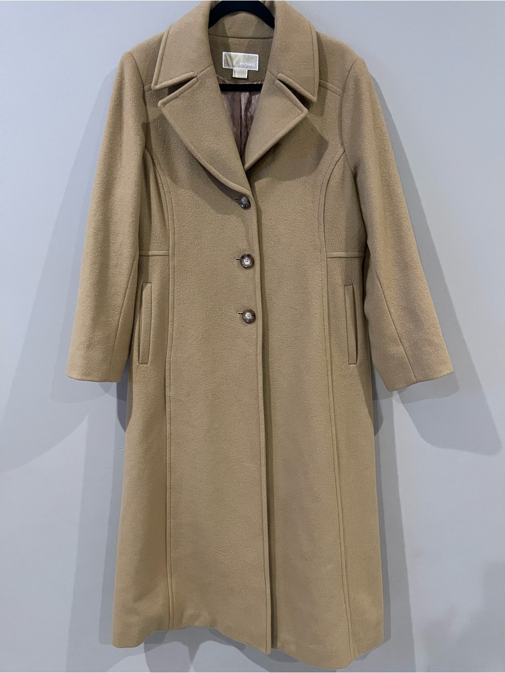 Michael Kors Camel Long Notch-Collar Wool Coat